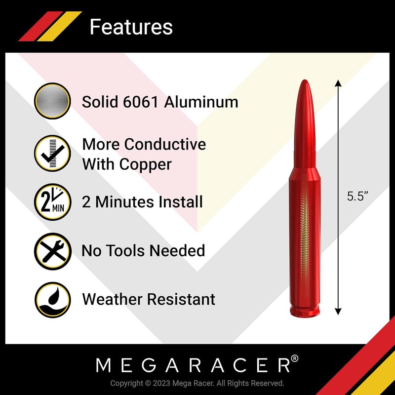Mega Racer 5.5" Red Antenna for Trucks, Cars and SUVs, 6061 Solid Aluminum Body & Copper Coil Internal, Universal Automotive Antenna Replacement, Car Wash Safe, Anti-Theft Design, Pack of 1 - Image 2